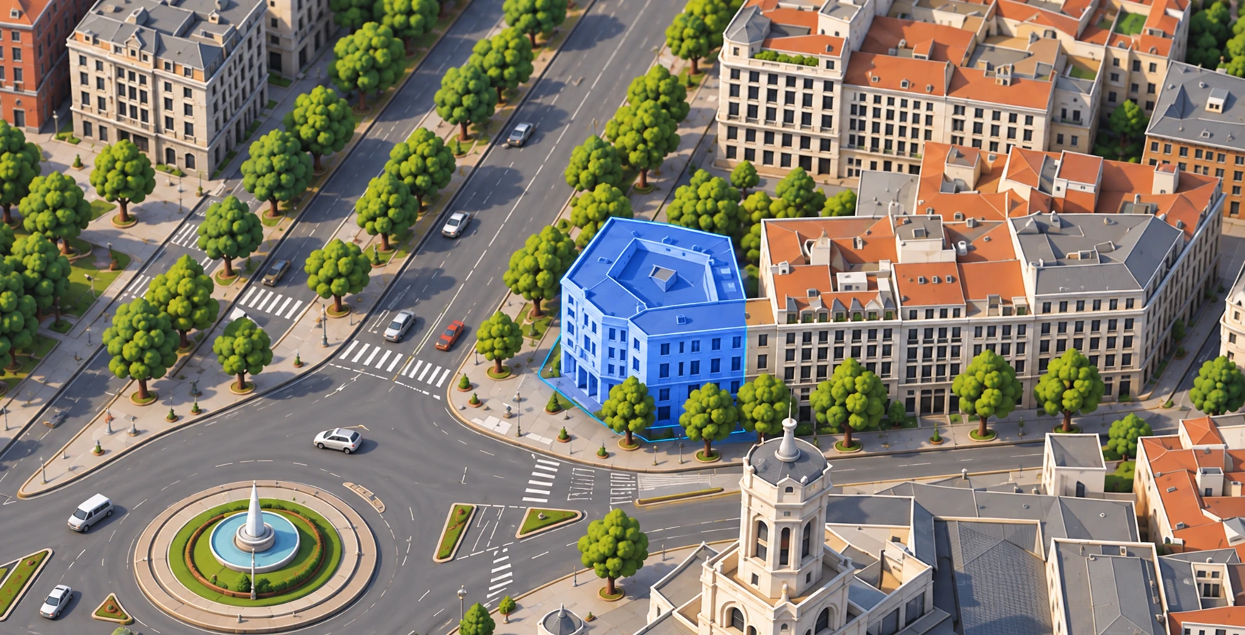 Stylized 3D Madrid city map centered on one blue corner building beside a fountain roundabout.