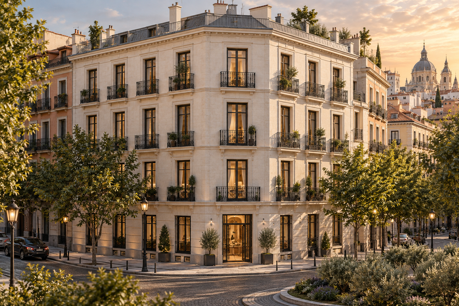 Illustrative render of the restored corner façade